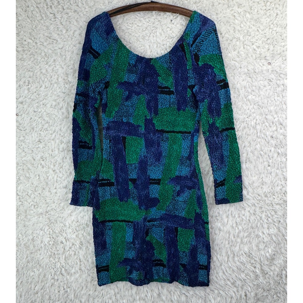Oxygen Popcorn Dress M Blue Green Abstract Textured 90s Vintage Bodycon Mini
